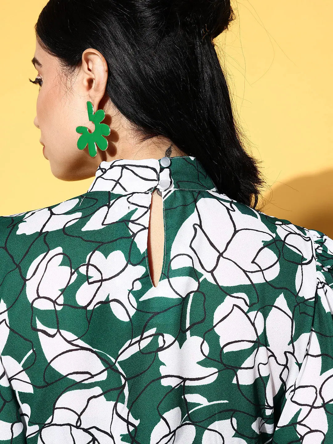 Floral Cuff Sleeve Dress | Emerald Green & White Mini Dress