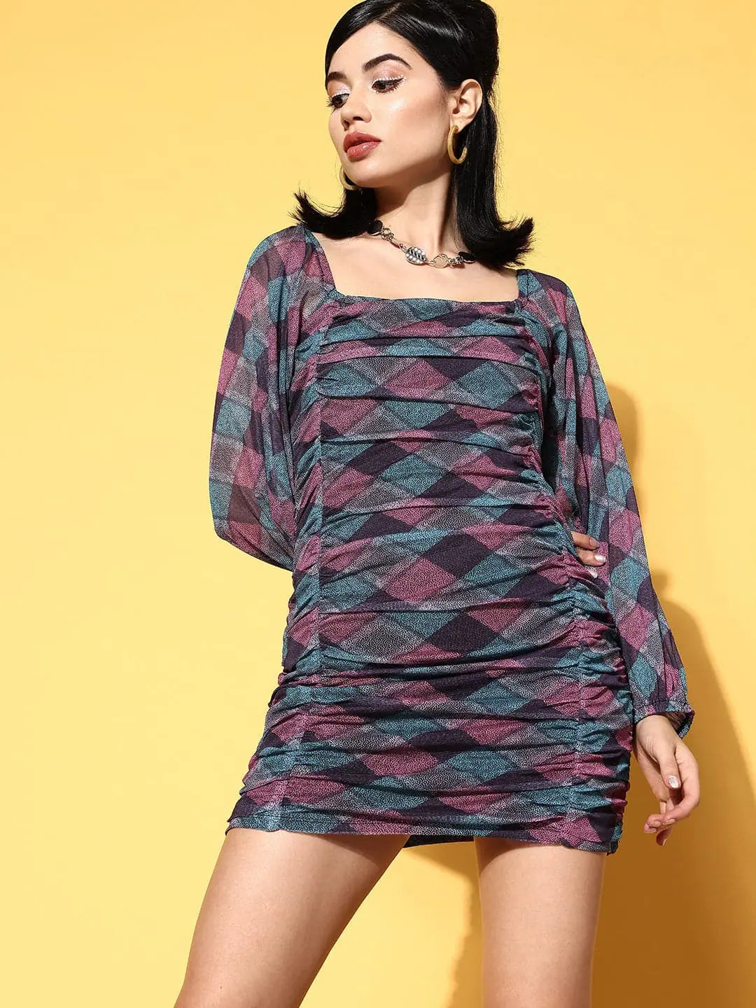 Burgundy Mesh Ruched Dress | Geometric Print Mini Dress