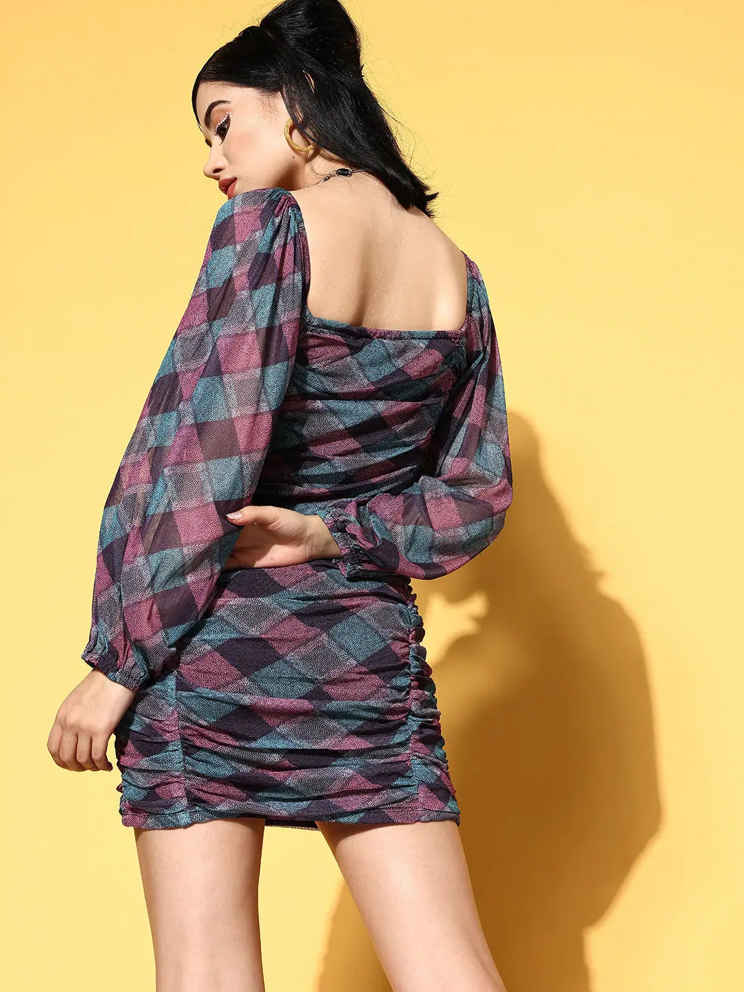 Burgundy Mesh Ruched Dress | Geometric Print Mini Dress