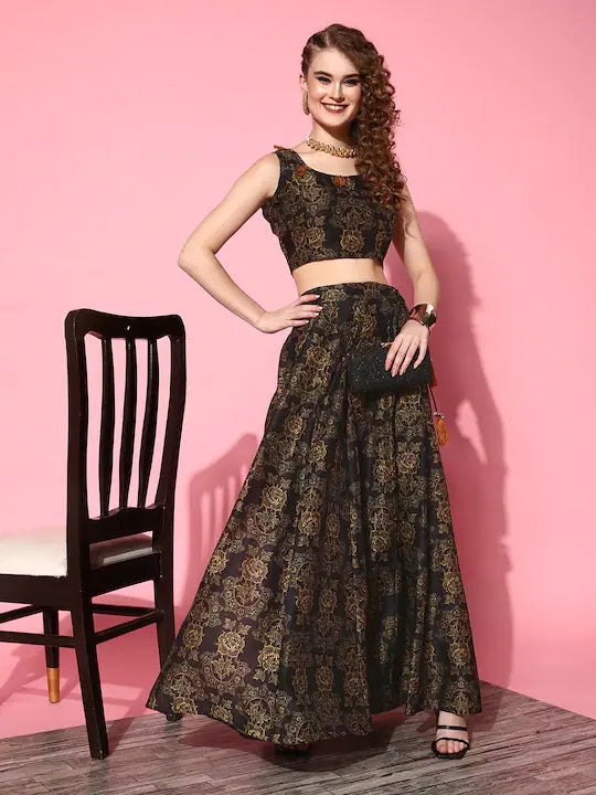 Black Floral Chanderi Sleeveless Crop Top | Ethnic Lehenga Look