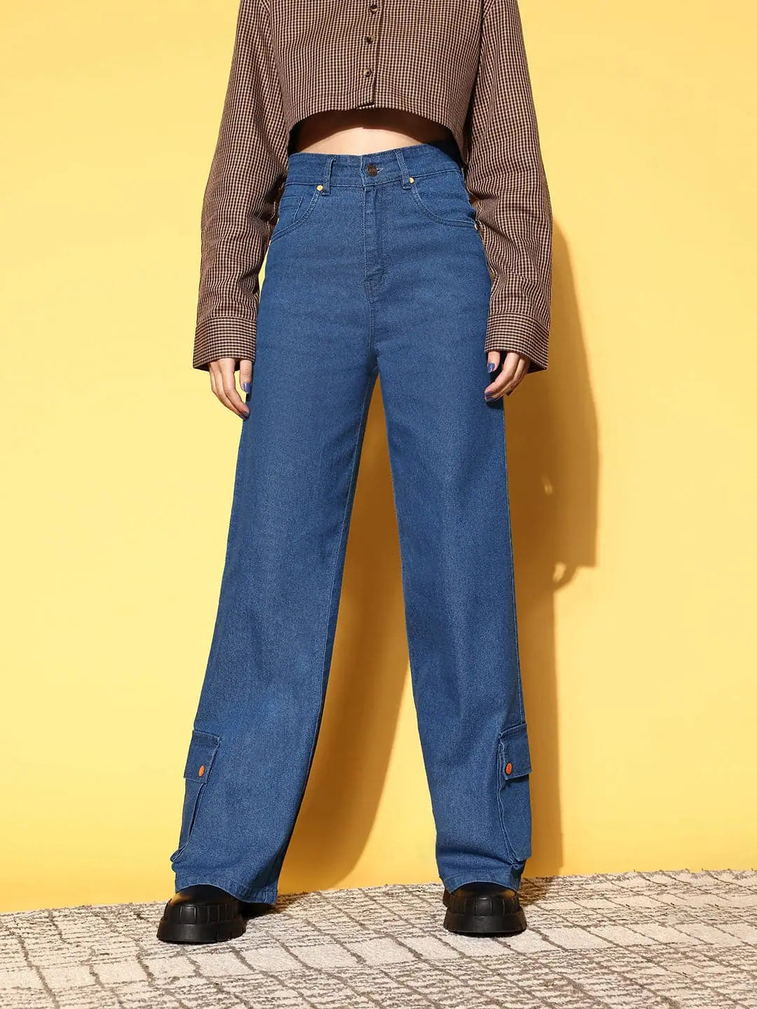 Women's Western Clothing: Blue Hem Pocket Stretch Straight Jeans