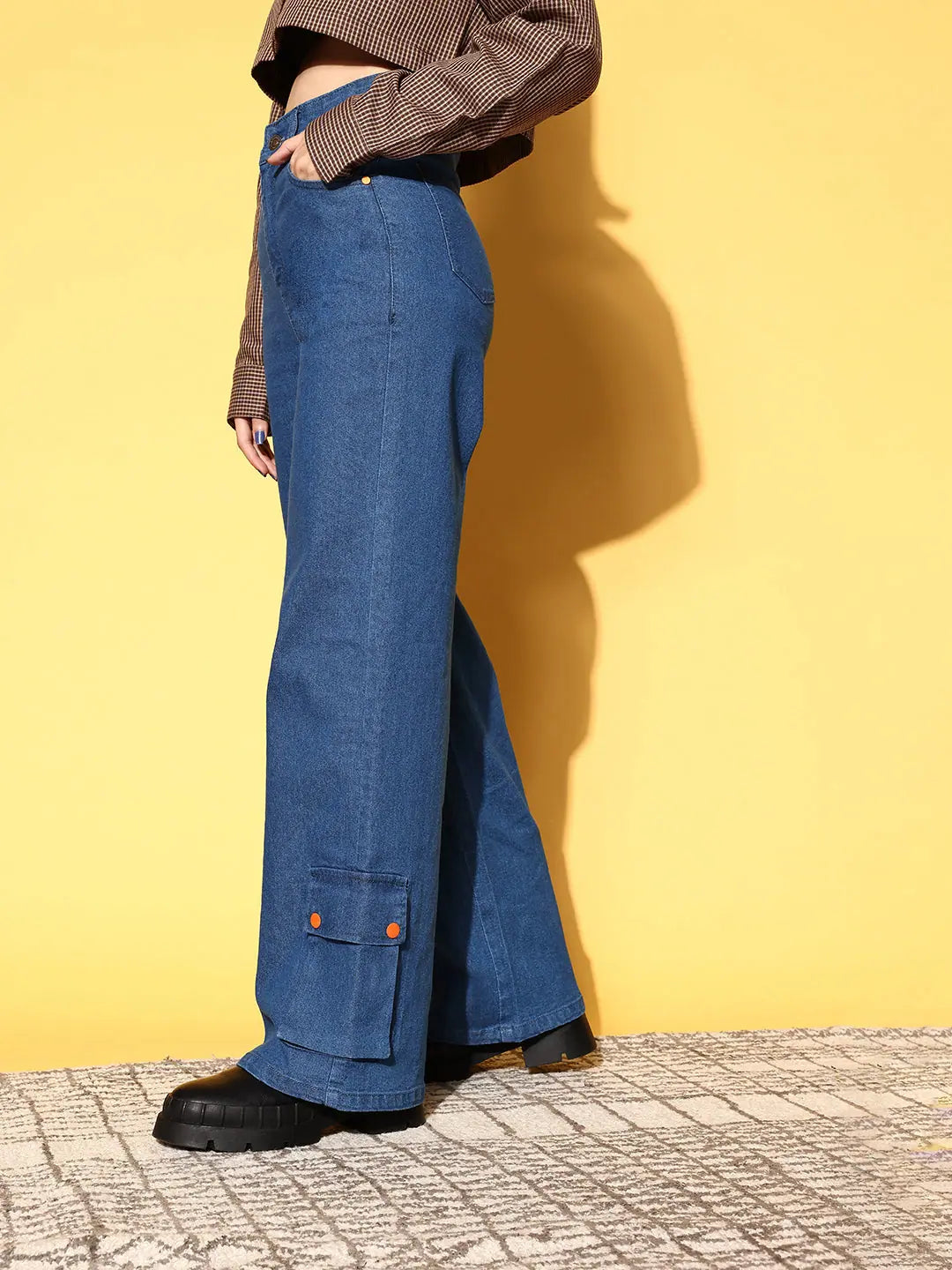 Women's Western Clothing: Blue Hem Pocket Stretch Straight Jeans