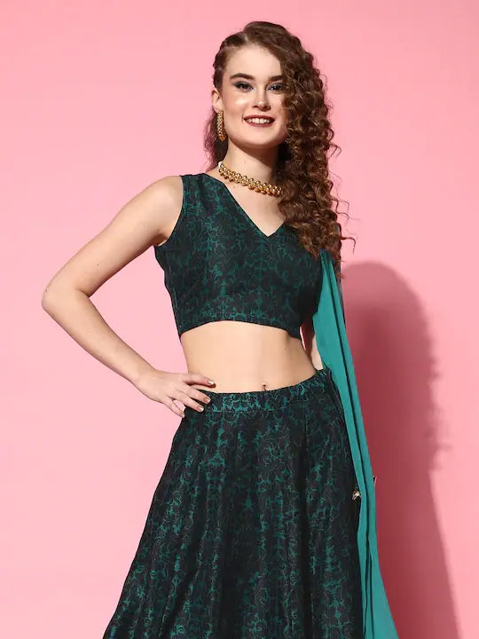 Teal Floral Chanderi Crop Top with Dupatta | Festive Lehenga
