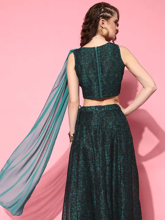 Teal Floral Chanderi Crop Top with Dupatta | Festive Lehenga
