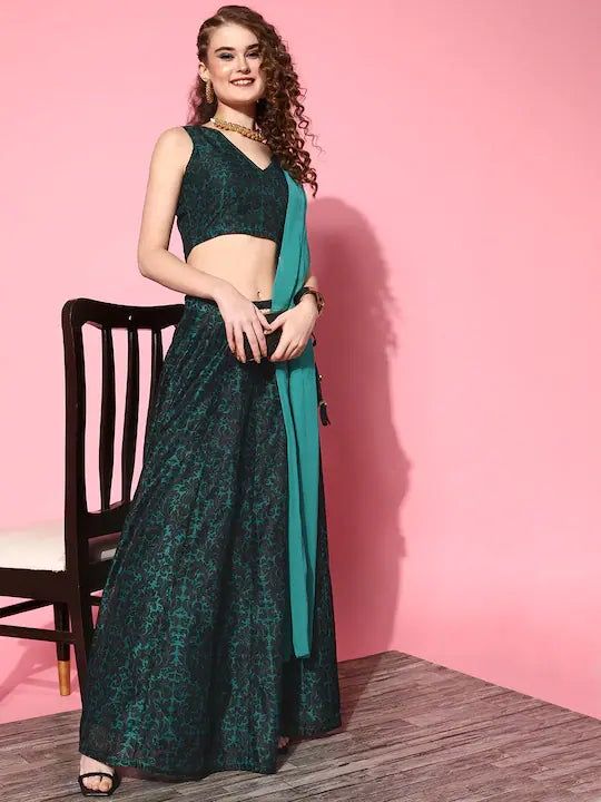 Teal Floral Chanderi Crop Top with Dupatta | Festive Lehenga