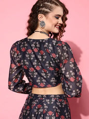 Women Navy Chanderi Floral Wrap Crop Top