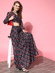 Women Navy Chanderi Floral Wrap Crop Top