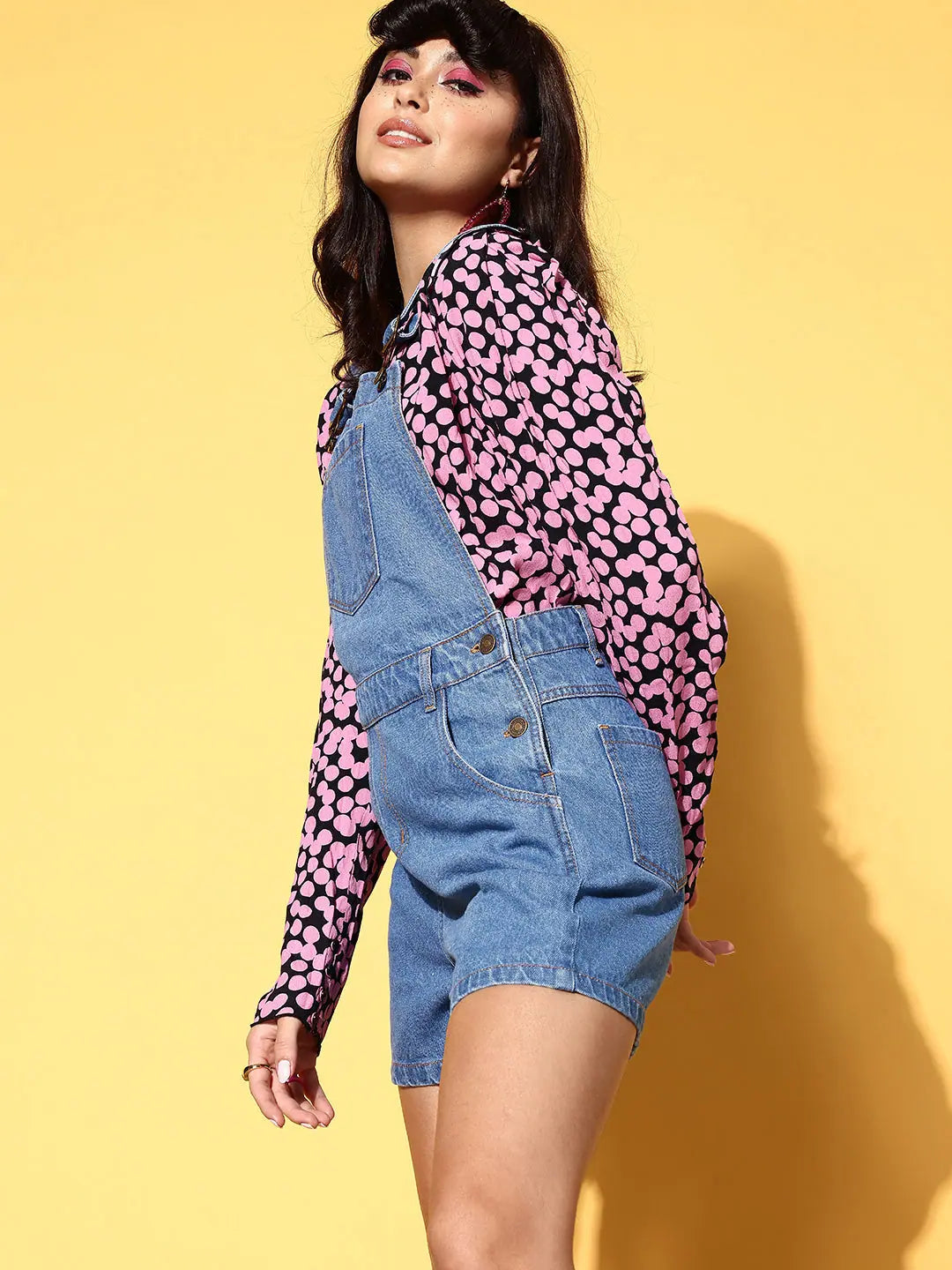 Women's Blue Denim Jumpsuit | Side Buttoned Short Dungaree