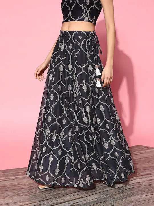 Blue Chanderi Mughal Skirt - Printed Ethnic Skirts for Women