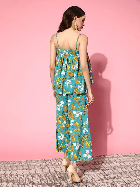 Turquoise Floral Palazzo Pants Set | Strappy Top & Rayon
