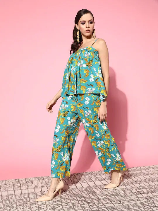 Turquoise Floral Palazzo Pants Set | Strappy Top & Rayon