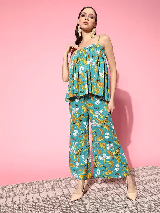 Turquoise Floral Palazzo Pants Set | Strappy Top & Rayon