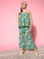 Women Turquoise Floral Starppy Top With Ankle Palazzo