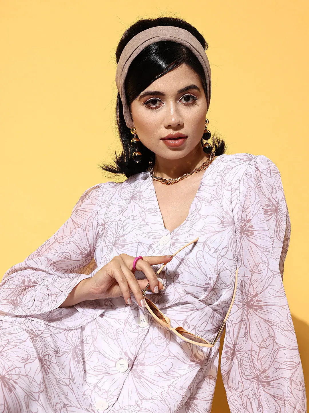 White Floral Button Front Dress | Women's Printed Polyester