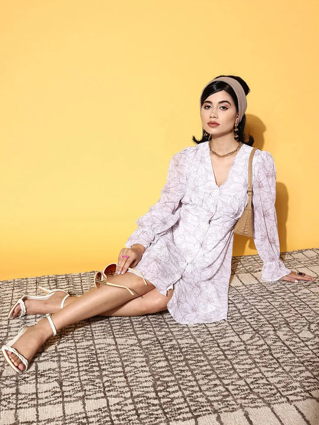 White Floral Button Front Dress | Women's Printed Polyester