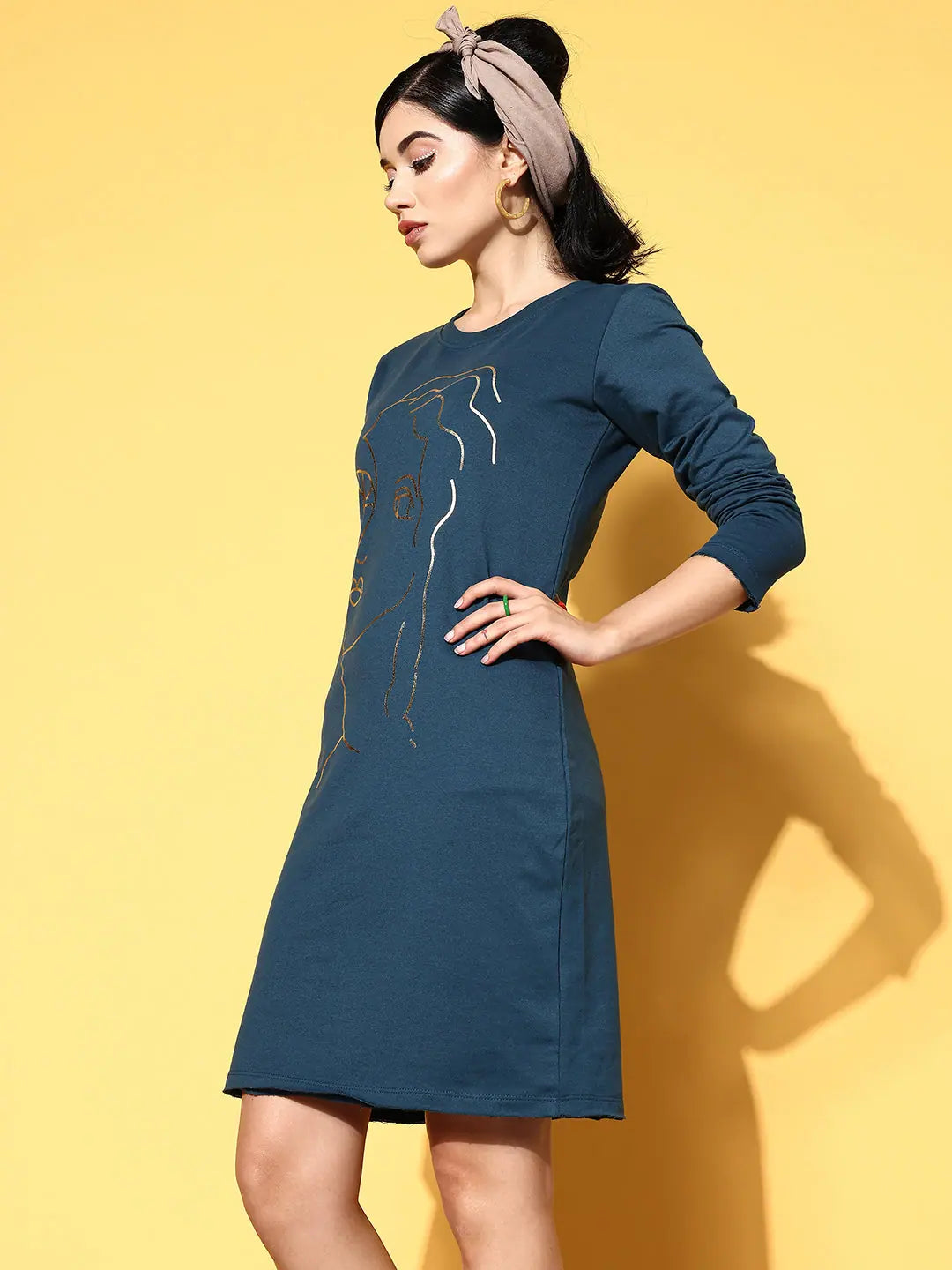 Teal Line Art Terry Sweat Dress | Women's Casual Style