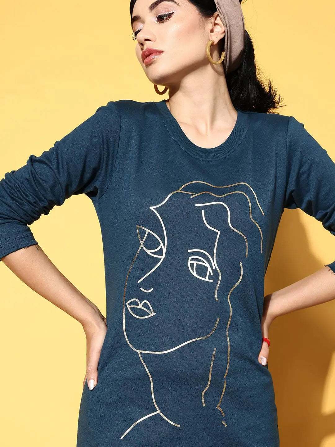 Teal Line Art Terry Sweat Dress | Women's Casual Style