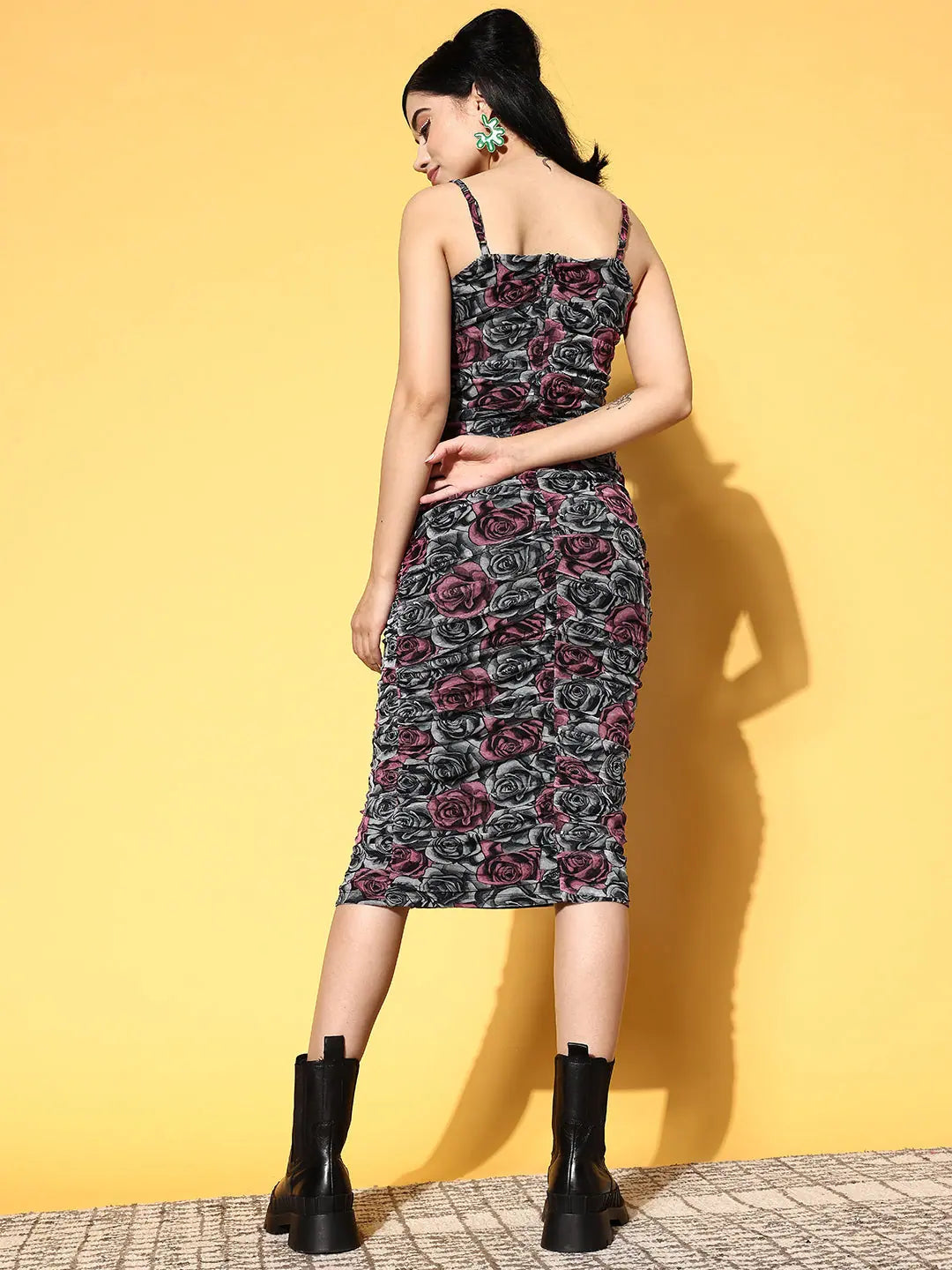 Grey Floral Ruched Mesh Midi Dress | Lehenga for Women