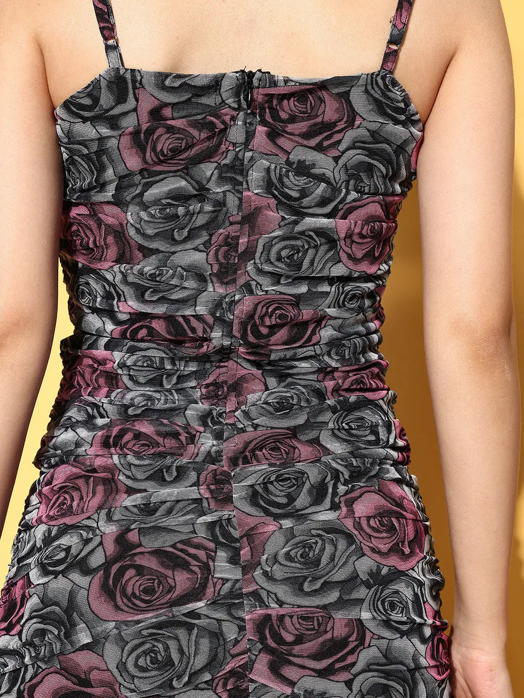 Grey Floral Ruched Mesh Midi Dress | Lehenga for Women