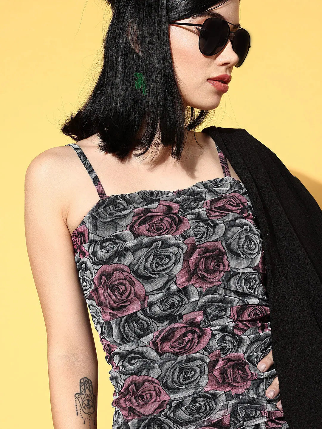 Grey Floral Ruched Mesh Midi Dress | Lehenga for Women