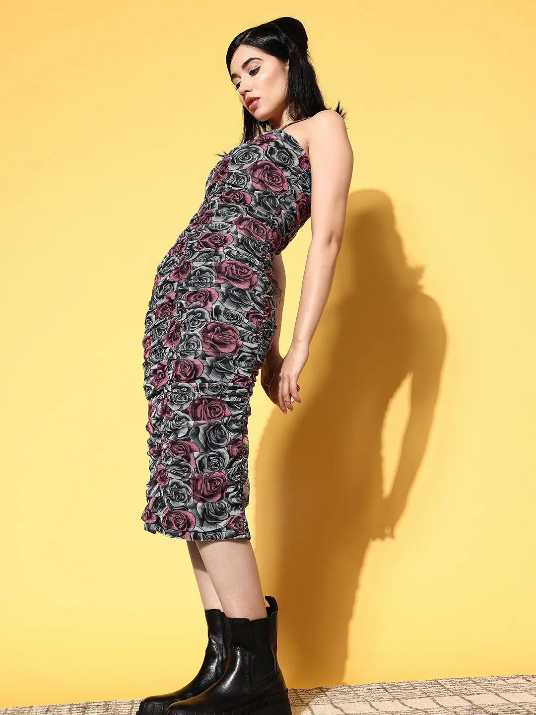 Grey Floral Ruched Mesh Midi Dress | Lehenga for Women