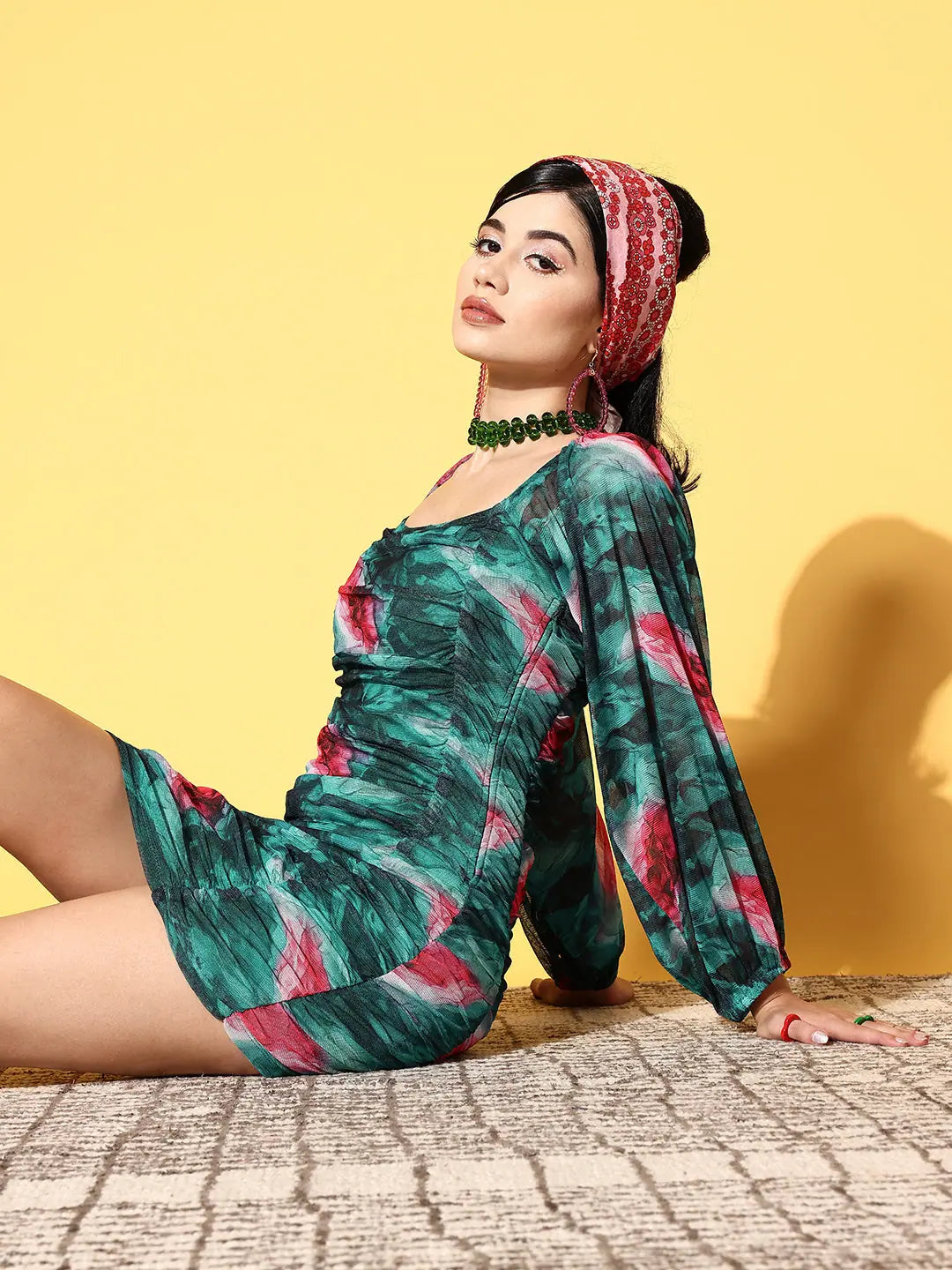 Emerald Green Marble Print Mesh Dress | Party Wear Dress