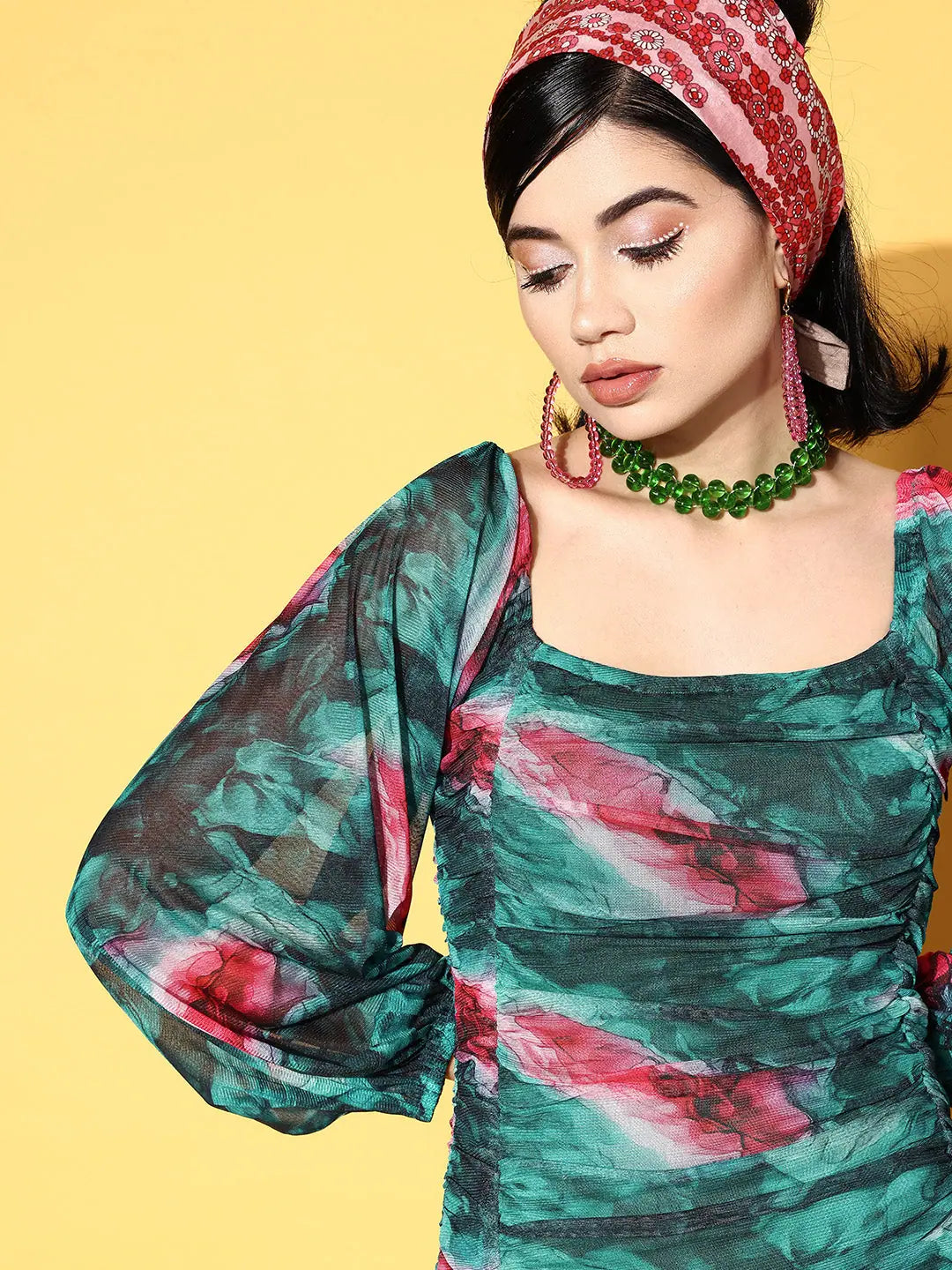 Emerald Green Marble Print Mesh Dress | Party Wear Dress