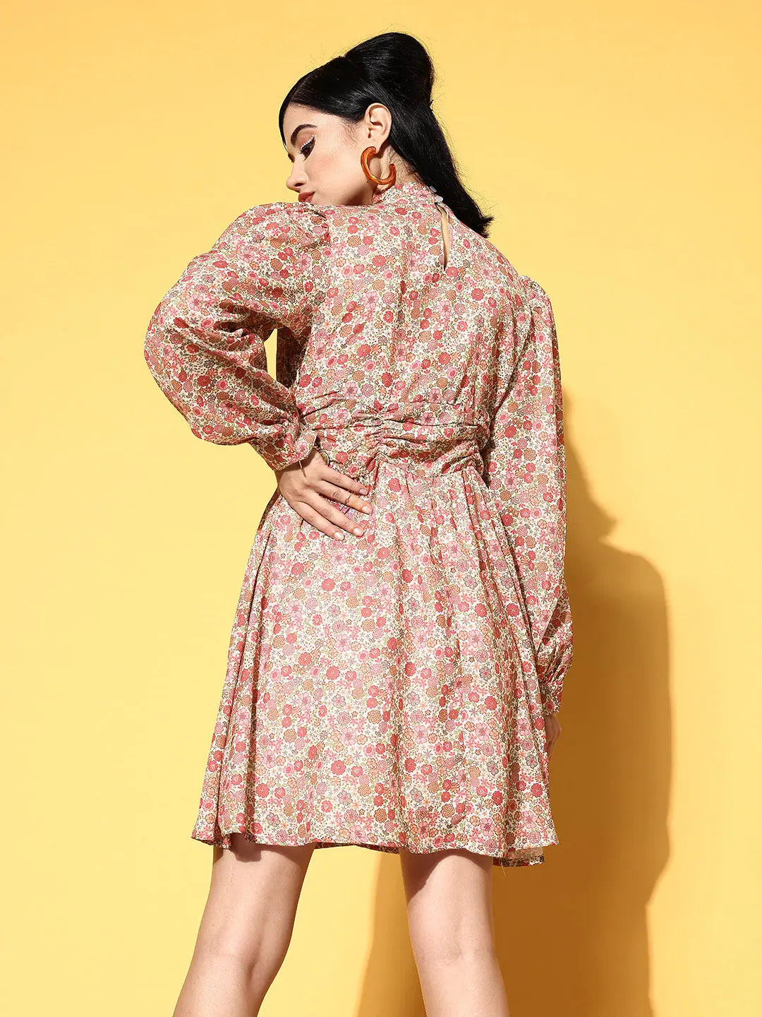 Beige & Pink Floral Ditsy Print Dress | Women's Designer Dress
