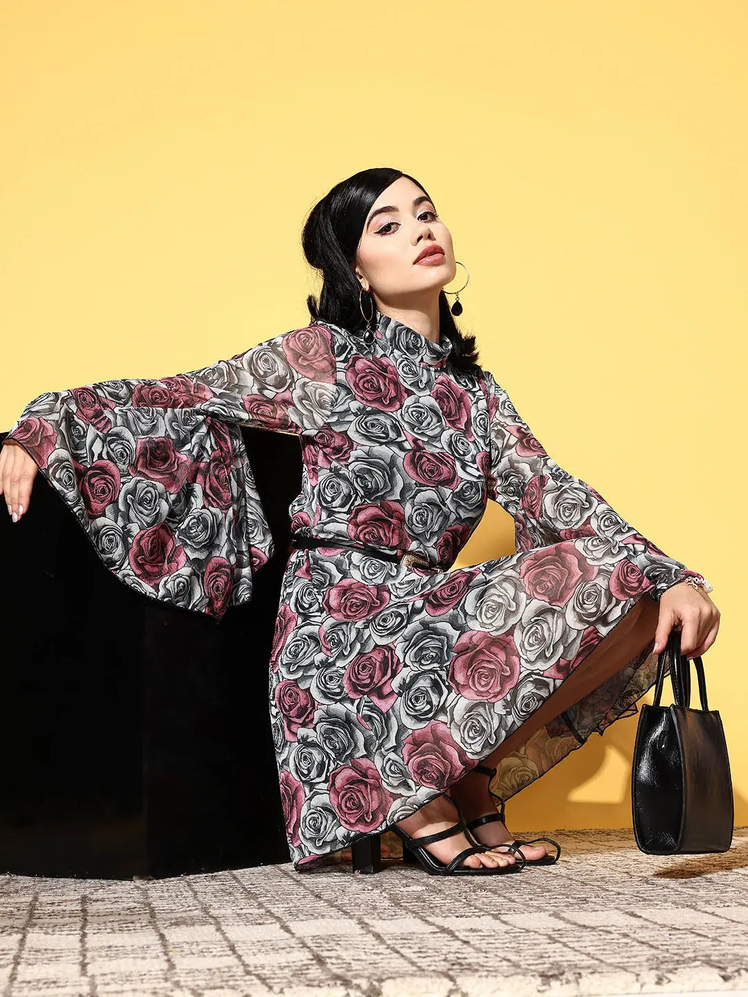 Grey Floral Mesh Net Dress with Bell Sleeves | Women's Dress