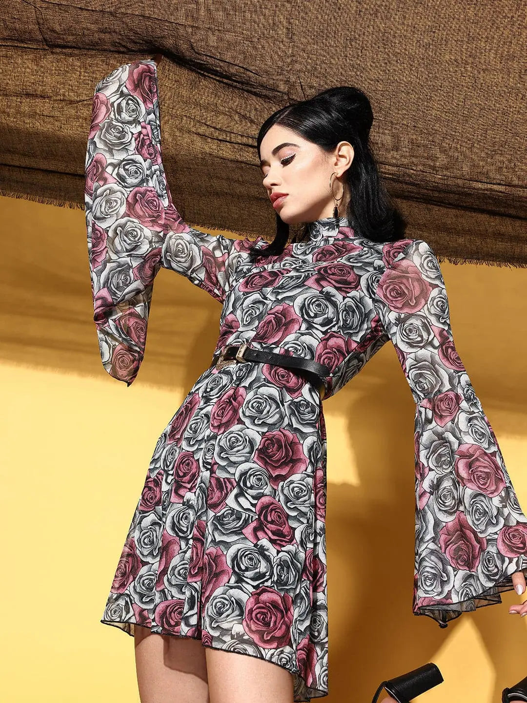 Grey Floral Mesh Net Dress with Bell Sleeves | Women's Dress