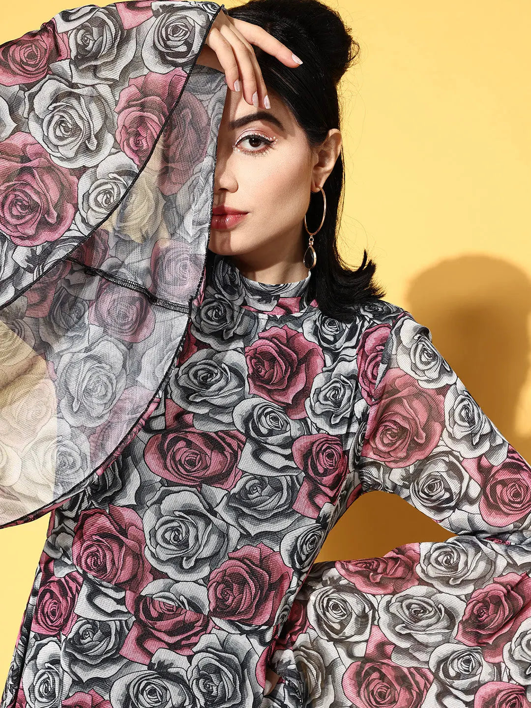 Grey Floral Mesh Net Dress with Bell Sleeves | Women's Dress