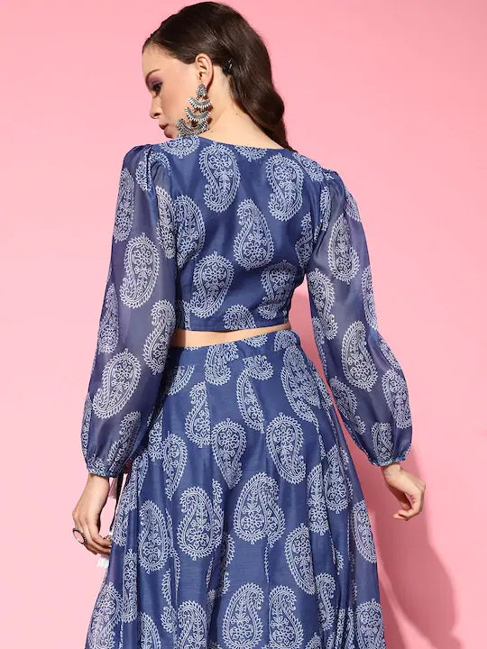 Women's Blue Paisley Wrap Crop Top - Lehenga Choli Style