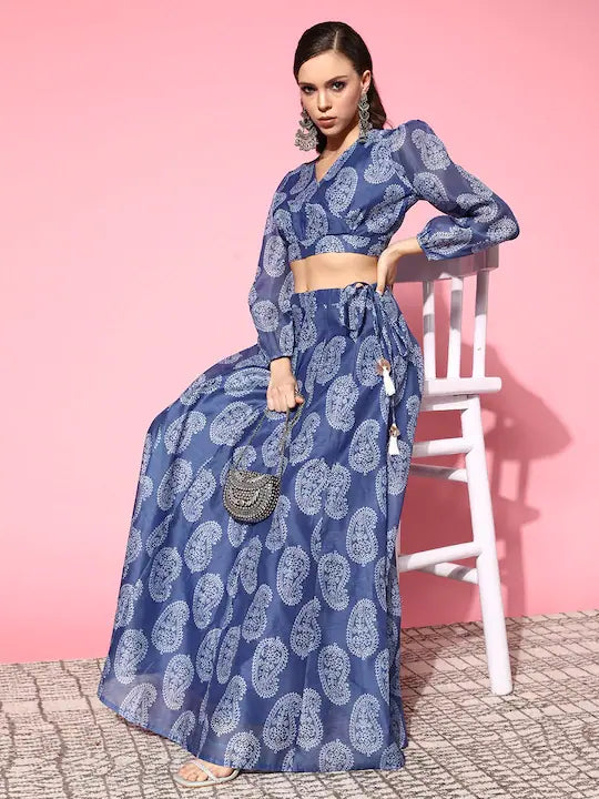 Women's Blue Paisley Wrap Crop Top - Lehenga Choli Style