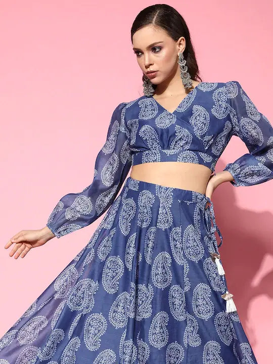 Women's Blue Paisley Wrap Crop Top - Lehenga Choli Style