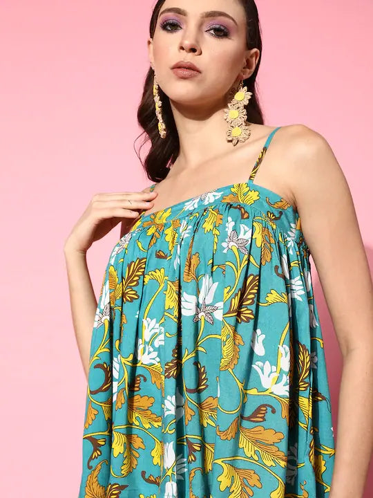 Turquoise Floral Starppy Top - Festive Lehenga Style Option