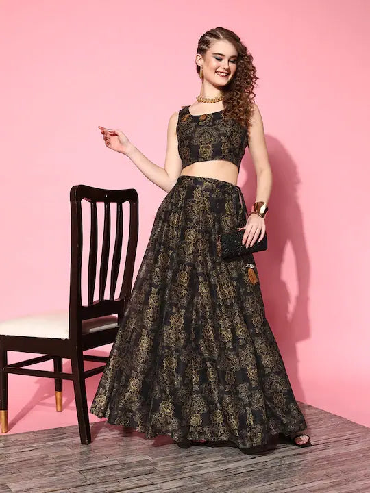 Black Floral Lehenga Choli Set - Women's Designer Lehenga