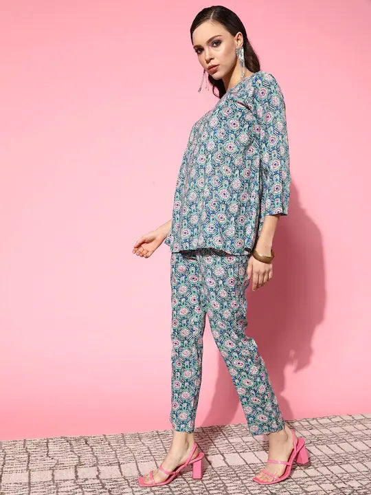 Teal Floral Women's Kurta Set | Cotton Kurta Sets