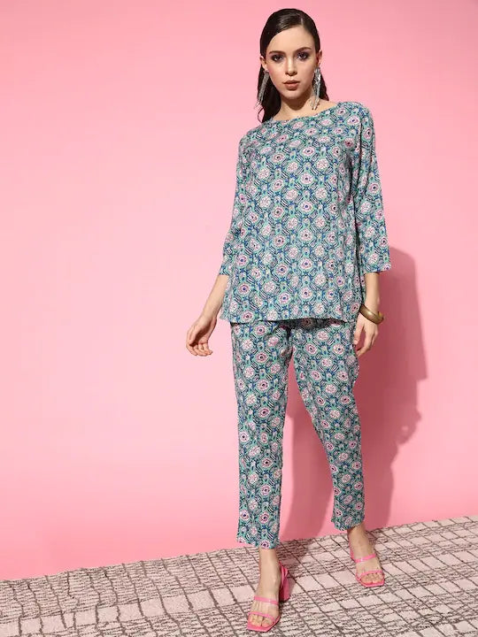 Teal Floral Women's Kurta Set | Cotton Kurta Sets