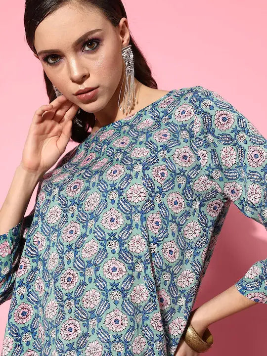 Teal Floral Women's Kurta Set | Cotton Kurta Sets
