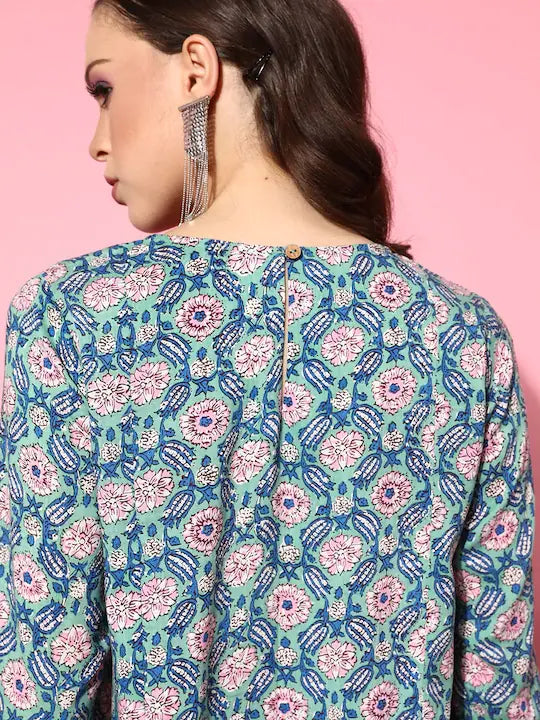 Teal Floral Women's Kurta Set | Cotton Kurta Sets