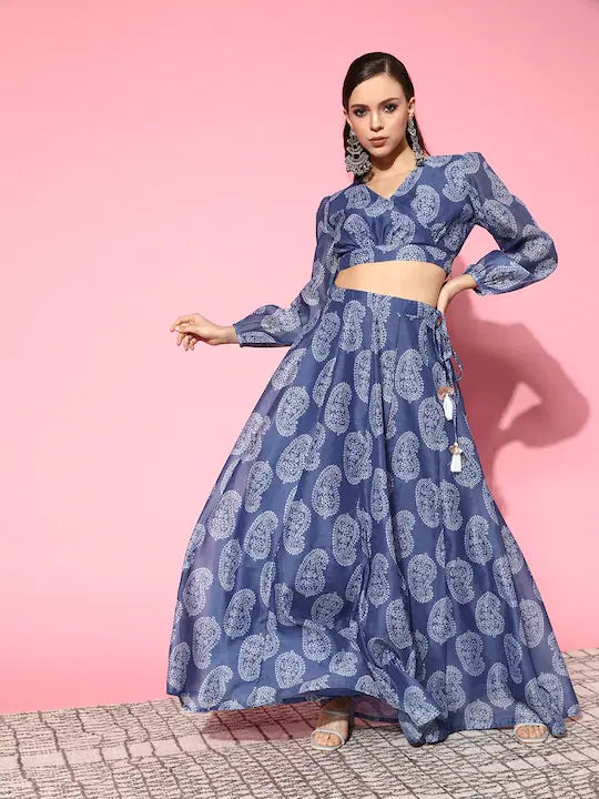 Blue Paisley Wrap Lehenga Choli - Women's Designer Anarkali
