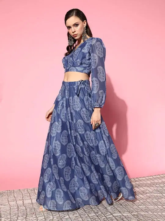 Blue Paisley Wrap Lehenga Choli - Women's Designer Anarkali