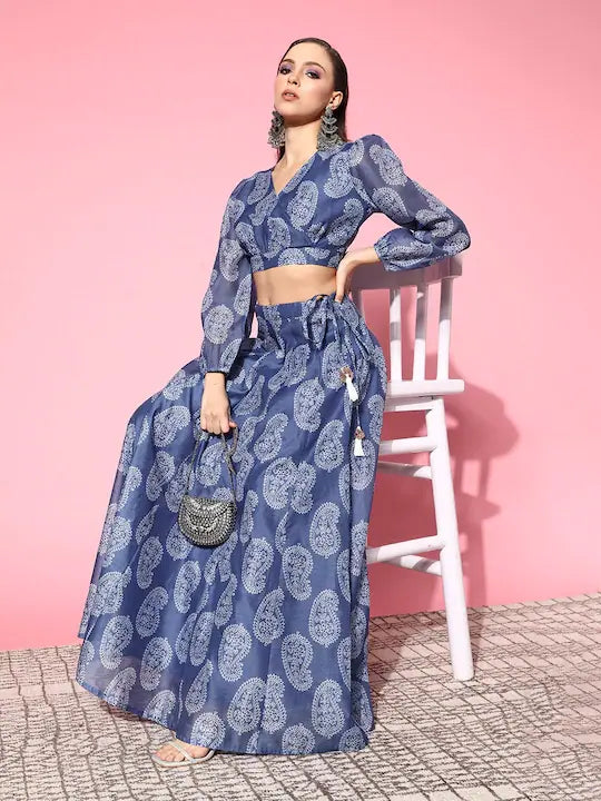 Blue Paisley Wrap Lehenga Choli - Women's Designer Anarkali