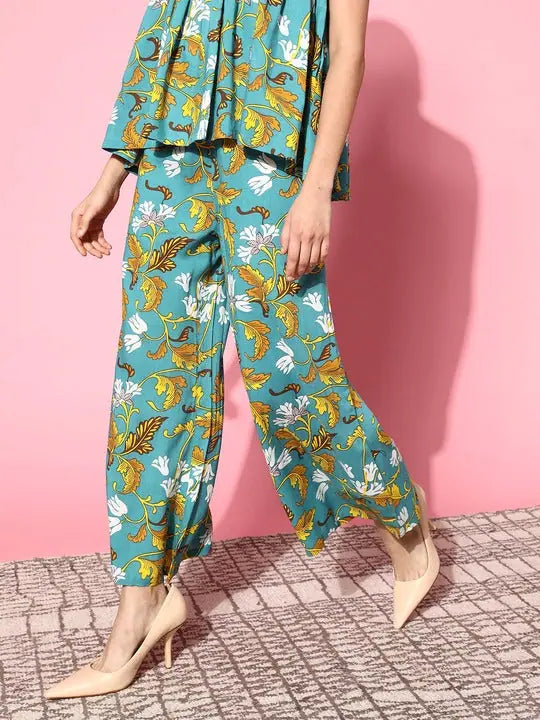 Turquoise Floral Ankle Palazzo Pants | Women's Palazzo Trousers