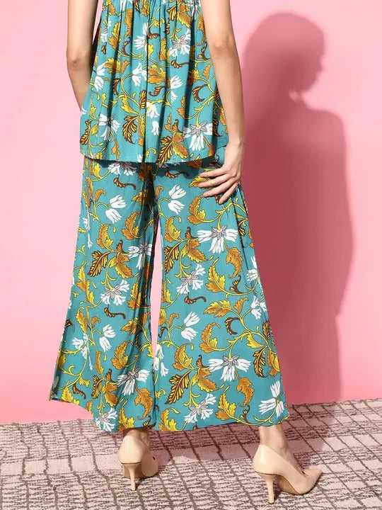 Turquoise Floral Ankle Palazzo Pants | Women's Palazzo Trousers