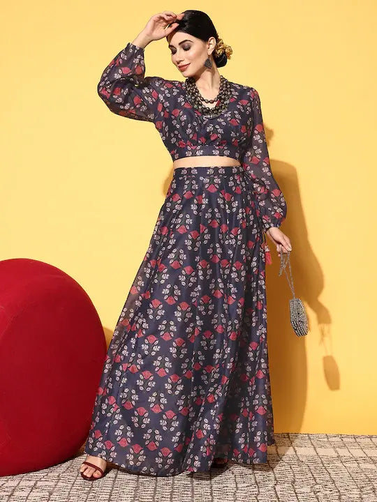 Navy Floral Wrap Lehenga Choli: Women's Anarkali Skirt Set