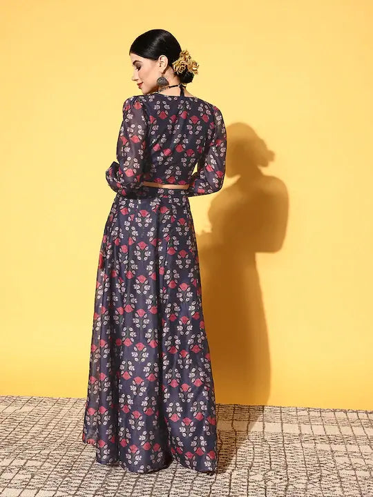Navy Floral Wrap Lehenga Choli: Women's Anarkali Skirt Set