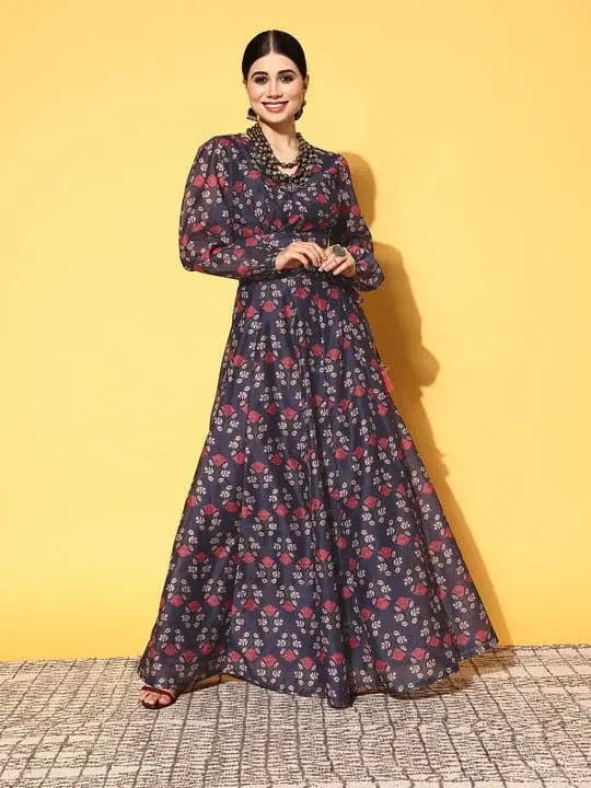 Navy Floral Wrap Lehenga Choli: Women's Anarkali Skirt Set