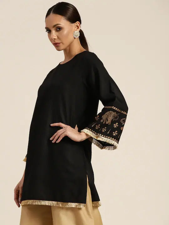 Black Elephant Print Indian Kurta - Stylish Tunic Tops