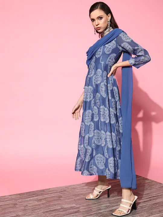Blue Chanderi Paisley Dupatta Dress - Indian Dresses Online